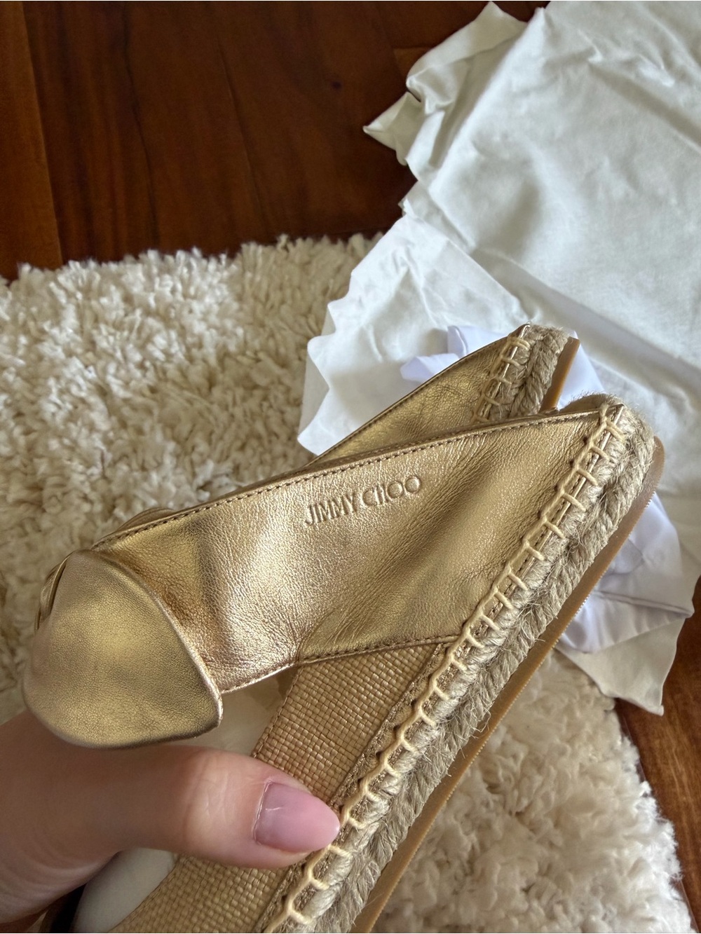NEW WITH BOX Jimmy Choo Metallic Gold Bow Espadrille Slip-Ons Size 39/US 9 - Picture 10 of 16